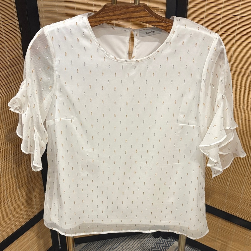 mandee White Blouse with Gold Dot Detail and Ruffle Sleeves